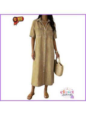 Button Down Denim Shirt Dress Short Sleeve A-Line Midi with Pockets